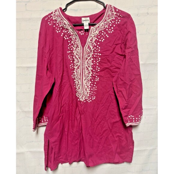 CHICO'S cotton Women Embroidered V-Neck Tunic Top Blouse Magenta hot pink  small - Picture 1 of 4
